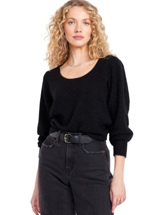 Old Navy Pointelle Sweater Size Small Scoop Neck Long Sleeve Black Cozy Knit NEW - Picture 1 of 11